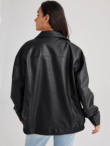 hathne Women's Oversized Leather Jackets Faux Zip Up Fall Fashion Motorcycle Jackets Coats Winter Clothes thumbnail 7