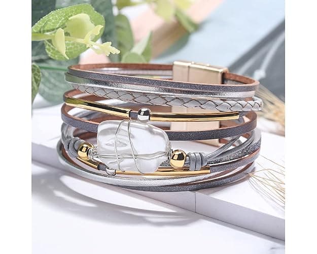 Fesciory Leather Wrap Bracelet for Women, Boho Western Stacked Cuff Jewelry | Stackable Bracelets, Easy-On Clasp, Daily Wear, Pairs with Boho Western Outfits, Gift for Women thumbnail 5