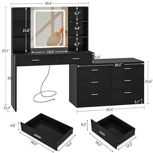 FIONESO Vanity Desk with LED Light Mirror & Power Outlet, 8 Drawers, 6 Storage Shelves, 3 Color Modes & Adjustable Brightness Makeup Vanity, Corner Vanity, L Shape Vanity, 39.4”-64.9" Desk, Black thumbnail 2
