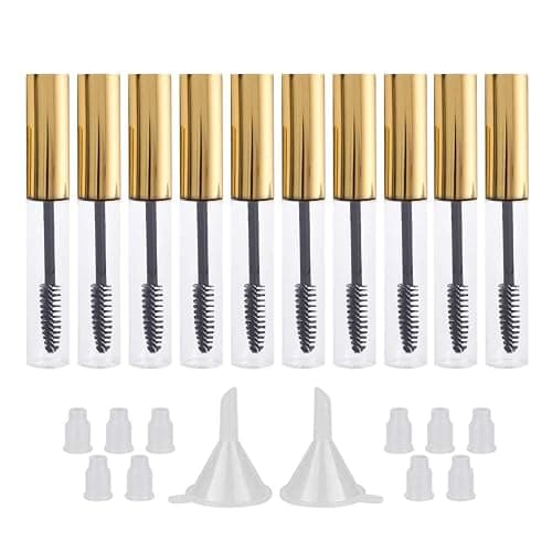 GTHER 10PCS 10ML Empty Mascara Tube Bottle with Eyelash Wand & Rubber Inserts & Funnels Set for Castor Oil/Eyelash Growth Oil, DIY Mascara Eyelash Cream Container with Cap, Gold - Gold - Image 1
