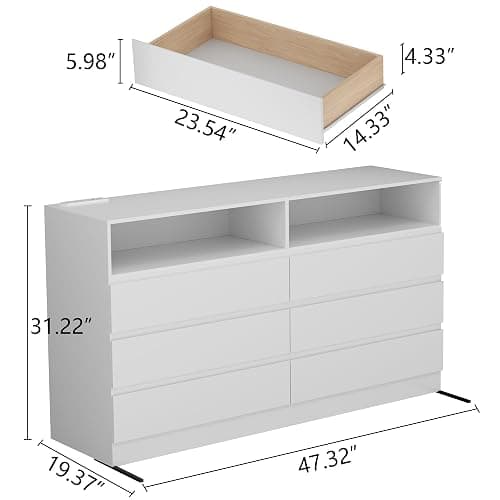 Gyfimoie White 6-Drawer Dresser for Bedroom w/Power Outlet and LED Light | Modern Double Dresser with 2 Open Cubbies, Spacious Chest of Drawers, and TV Stand Function for Living Room thumbnail 2