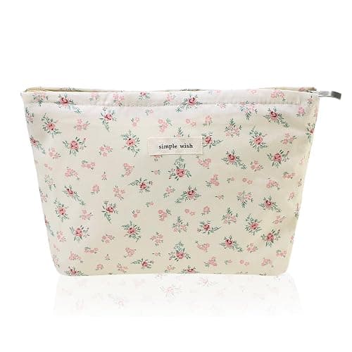 Wudygirl Large Capacity Makeup Pouch Aesthetic Cute Makeup Bag Canvas Toiletry Bag Pencil Pouch with Zipper (Beige and Small Floral) - Beige Floral - Image 1