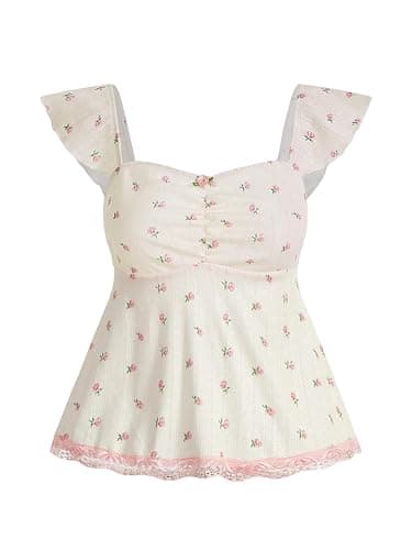SHENHE Women's Floral Lace Trim Sweetheart Neckline Cap Sleeve Ruffle Peplum Cute Top - Image 1