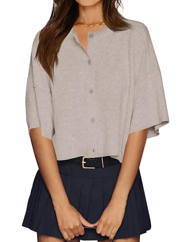 Cicy Bell Womens Half Sleeve Cardigan Sweaters Cropped Button Down Tops Oversized Lightweight Ribbed Knit Summer Outfits - Khaki - Medium - Image 1