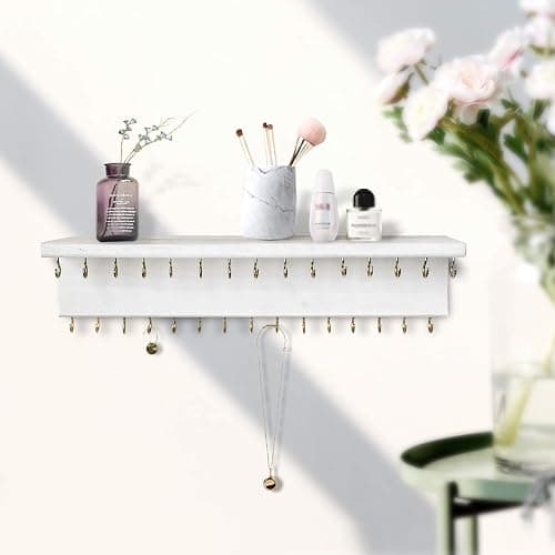 SANY DAYO HOME Jewelry Organizer with 30 Hooks and Cosmetics Shelf, 15 x 3 x 4 inches Wall Mounted Rustic Pine Wood Holder for Necklaces and Bracelets, Suitable for Kids and Adults (Retro White) thumbnail 2