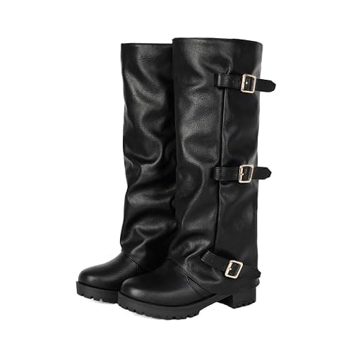 Kekonaca Fold Over Boot Combat Platform Buckle Low Heel | Slouchy Knee High Vintage Boots Grunge Alt Punk Gothic Moto Biker Boot Casual Club Festival Rave Going Out Wide Calf Boots - Image 1