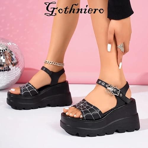 Gothniero women black platform sandals goth chunky wedge heel summer sandals girls gothic punk platform sandals for women metallic spider buckles slides size 5.5-11 thumbnail 5