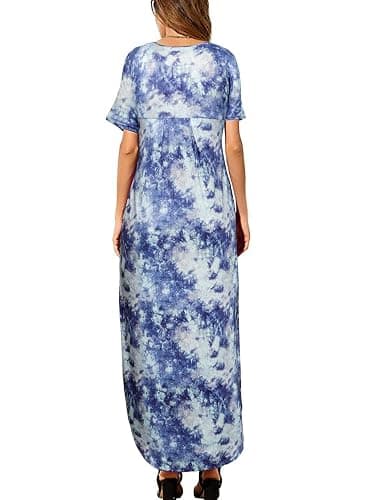 HUSKARY Women's Summer Maxi Dress Casual Loose Pockets Long Dress Short Sleeve Split Maxi Dresses thumbnail 4