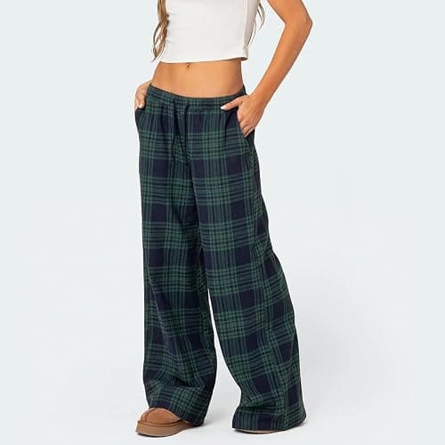 Women's Plaid Pajama Pants Low Rise Gingham Lounge Pants Plaid Pj Pants Sleep Bottoms Wide Leg Trousers Streetwear - Baggy Blue - Small thumbnail 3