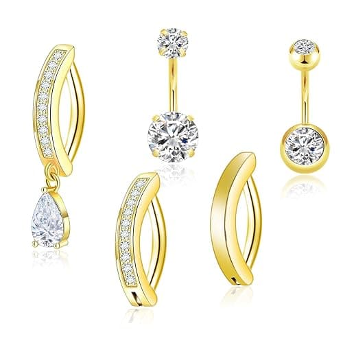Fidqiog 5 Pcs Belly Button Ring, Stainless Steel Dangle Belly Button Piercing, Gold Heart Butterfly Dainty Dangling Navel Piercing Jewelry for Women, Cute Dangly Navel Rings - Image 1