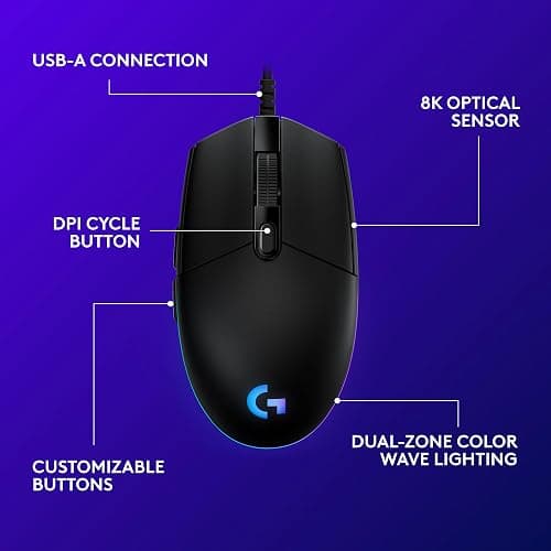 Logitech G203 Wired Gaming Mouse, 8,000 DPI, Rainbow Optical Effect LIGHTSYNC RGB, 6 Programmable Buttons, On-Board Memory, Screen Mapping, PC/Mac Computer and Laptop Compatible - Black thumbnail 8