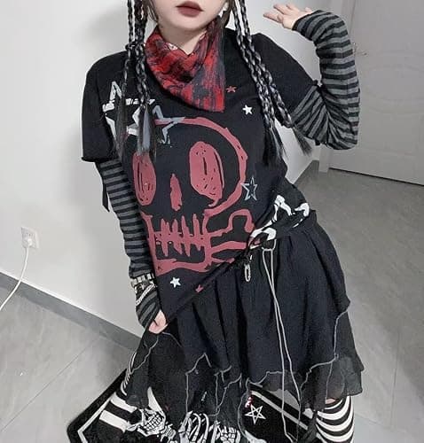 Pbkabiug Y2K Tshirt Long Sleeve Faux Two Piece Harajuku Loose Punk Tees Casual Rock Emo Grunge Aesthetic Tops thumbnail 2