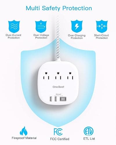 One Beat Flat Plug Power Bar with USB C, 6FT Ultra-Thin Extension Cord, 3 Outlet with 4 USB Ports (2 USB C) Desktop Charging Station, No Surge Protection for Cruise Ship, Travel Essentials, Dorm Room thumbnail 7