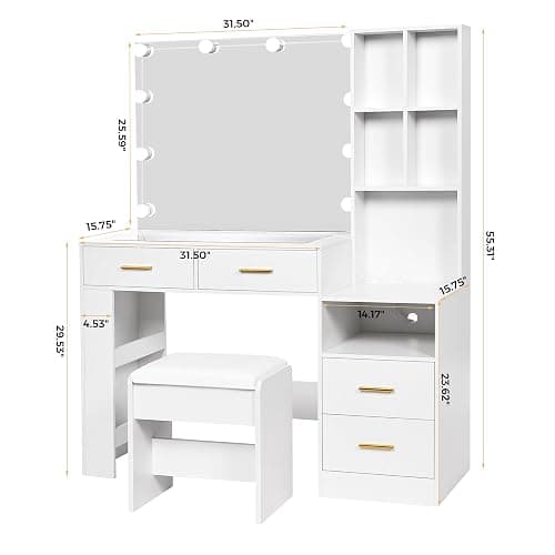 BEWISHOME White Vanity Desk with Mirror and Lights,Makeup Vanity Set with Glass Top,Large Dressing Table with Charging Station,4 Drawers,Nightstand,Stool,Makeup Desk for Girls Women Bedroom FST28W thumbnail 3