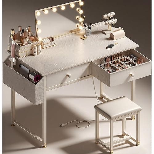 KAI-ROAD White Makeup Vanity Desk No Mirror with Chair, Small Vanity Table Set with Fabric Drawers, Power Outlet & Chair Without Mirror, Modern Make Up Desk for Girls Bedroom - Image 1