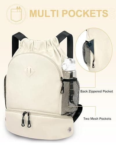 RHDZO Drawstring Backpack Gym Backpack with Shoe Compartment for Men Women String Sports Bag with Wet Pocket Cinch Swim Beach Bag, Beige (Patent Pending) thumbnail 3