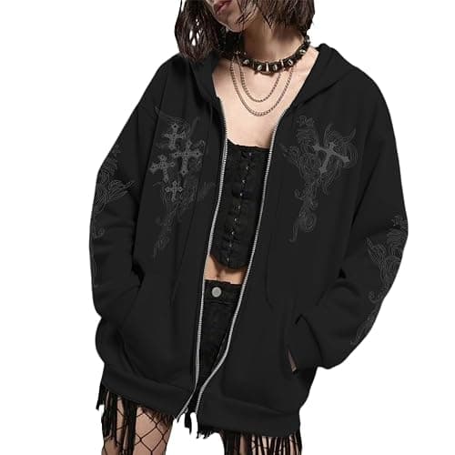 Kelxjia Zip Up Hoodies Y2k Jacket Graphic Gothic Jackets Grunge Cross Hoodie Baggy Streetwear Emo Sweater Aesthetic Clothes thumbnail 3