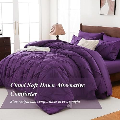 Sheet&Joy Comforter Set Purple - Bed in a Bag Queen Size 7 Pieces, Pintuck Bed Set Gift for Family, Pinch Pleat Comforter with Sheets, Pillowcases & Shams thumbnail 2
