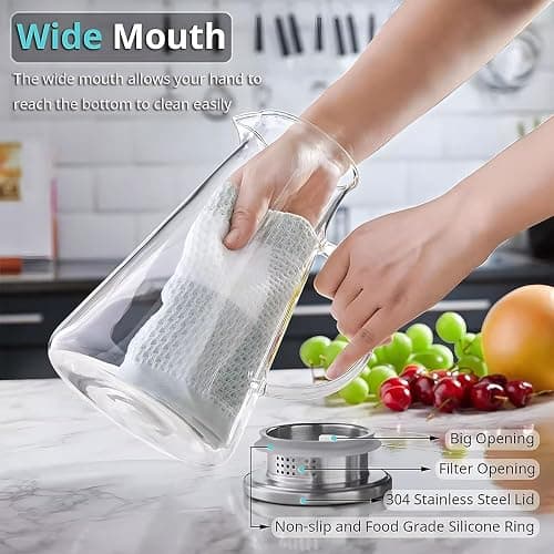 Home & Treat 1.8 Liter Glass Pitcher with Stainless Steel Lid Borosilicate Cold Hot Water Carafe Jug for Beverages Juice Iced Tea Wine Coffee Milk Dishwasher Safe thumbnail 3