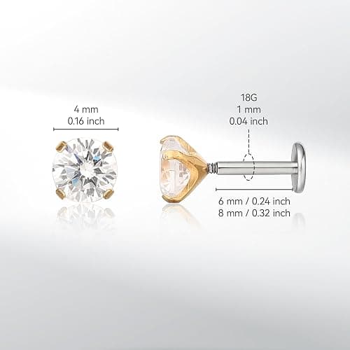 Limerencia 18g Titanium Internally Threaded Tragus Piercing Jewelry CZ Top Flat Back Piercing Nose Studs Earring, Helix, Cartilage, Labret, Monroe for Women or Men thumbnail 3