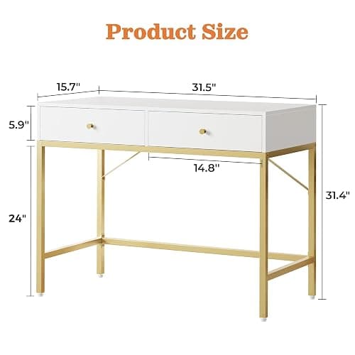 SUPERJARE 31.5" White and Gold Desk with 2 Drawers, Modern Vanity Desk, Small Makeup Table for Home Office Writing Study Bedroom thumbnail 3