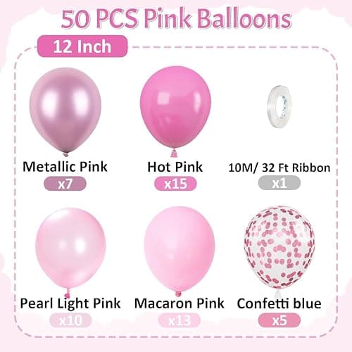 Paready Pink Balloon Set, 50 Pcs 12 Inch Metallic Pink Pastel Pearl Light Confetti Balloons Helium with Ribbon for Women Girls Wedding Bridal Baby Shower Princess Birthday Party Decorations thumbnail 3