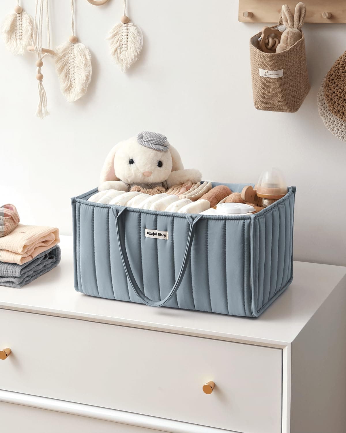 Blissful Diary Baby Diaper Caddy Organizer, Stylish Storage Basket for Newborn Essentials and Diaper Station, Baby Shower and Registry Must-Have, Dusty Blue thumbnail 7