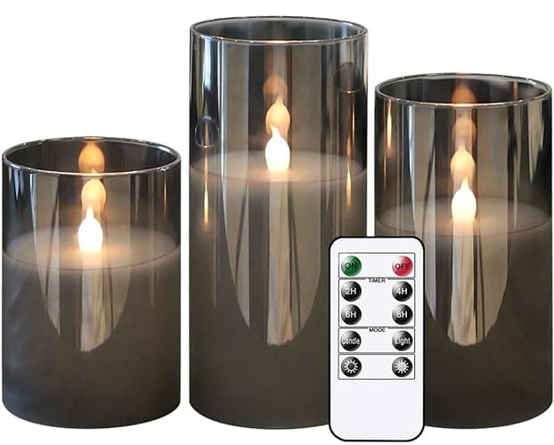 GenSwin Gray Glass Battery Operated Flameless Led Candles with 10-Key Remote and Timer, Real Wax Candles Warm White Flickering Light for Home Decoration(Set of 3) - Gray - Image 1