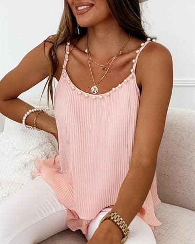 CHICME Womens Summer Tank Tops Flowy Double Layers Chiffon Blouse Casual Beaded Loose Camisole Shirts thumbnail 4