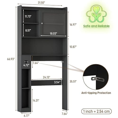 Vabches Over the Toilet Storage Cabinet with Glass Door, Above Toilet Storage Cabinet, Over Toilet Bathroom Organizer Space Saver, Behind Toilet Rack Shelf Cabinet, for Bathroom Laundry Restroom, Grey thumbnail 2
