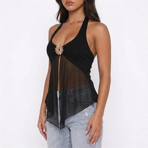 Usweetie Women Y2K Sexy Sheer Mesh Flowy Halter Top thumbnail 2