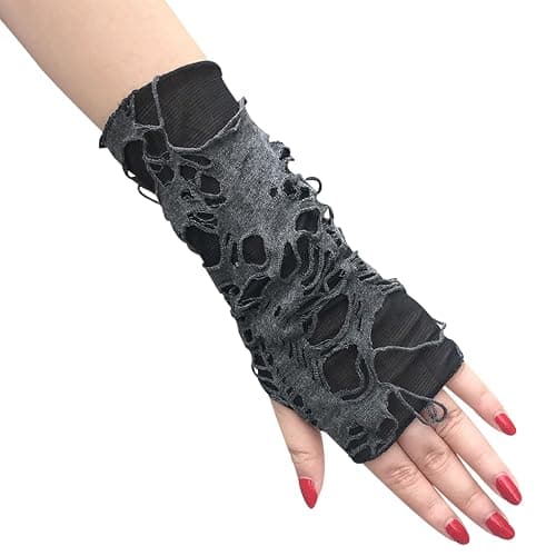 Luwigs Women's Punk Fingerless Gloves Arm Warmers Black Broken Slit Ripped Gothic Gloves for Halloween Costume Party 1 Pair thumbnail 6