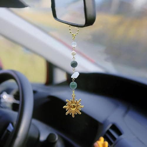 Sun Hanging Car Charm,Green and Gold Rear View Mirror Accessories Cute Boho Dangling Sun Car Decor Handmade Healing Crystals Stones Ornament Gifts for Women Men (Green) - Green thumbnail 5