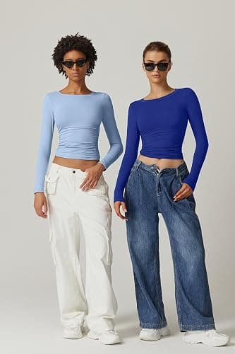 QINSEN Womens Crewneck Long Sleeve Shirt Double Lined Basic Tees Side Ruched Going Out Crop Tops thumbnail 6