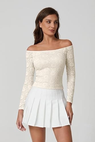 QINSEN Womens Lace Trim Off Shouder Top Long Sleeve Double Lined Y2k Trendy T Shirts thumbnail 4