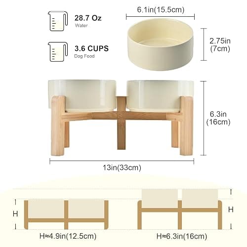 SPUNKYJUNKY Elevated Dog Bowls Ceramic, 6.1'' Dogs and Cat Food Water Bowls Raised with Non-Slip Bamboo Stand for Medium Sized Breed Microwave Dishwasher Safe - 28.7 OZ,Beige thumbnail 2