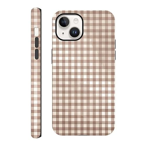 Cinysnt Cute Brown Checkered Phone Case for iPhone 14 / iPhone 13 Case 6.1", Aesthetic Trendy Gingham Grid Pattern 2-in-1 Matte Cover Shockproof Slim Soft TPU Hard PC Protection Girls Women Funda - Image 1