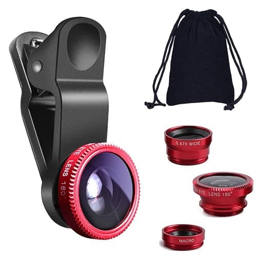KINGMAS 3 in 1 Universal Fish Eye Lens + Wide-Angle Lens + Macro Clip Camera Lens Kit for iPad iPhone Samsung Android and Most Smartphones red - Image 1
