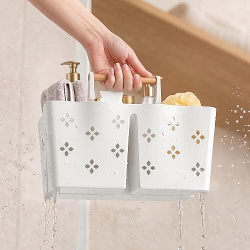 GVY Plastic Shower Caddy Portable, Large Capacity Shower Basket with Handle, Divided Bathroom Toiletry Organizer, Quick-Drain Shower Caddy for College Dorm Beach Kitchen Essentials, White. thumbnail 2
