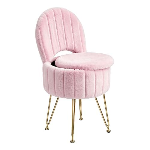 Garvee Vanity Stool Chair with Storage and Folding Back,Faux Fur,Pink,Small | Soft Ottoman,Modern Chairs for Makeup,Vanity Bench,Metal Legs,Adjustable Feet,for Living Room,Bedroom,Makeup Room thumbnail 9