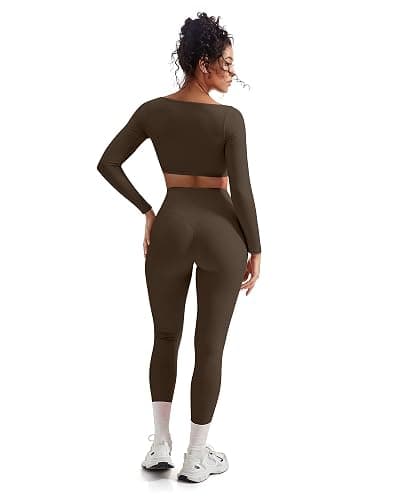 SUUKSESS Women 2 Piece Workout Sets Compression Tummy Control Leggings with Pockets Long Sleeve Square Neck Padded Crop Tops thumbnail 5