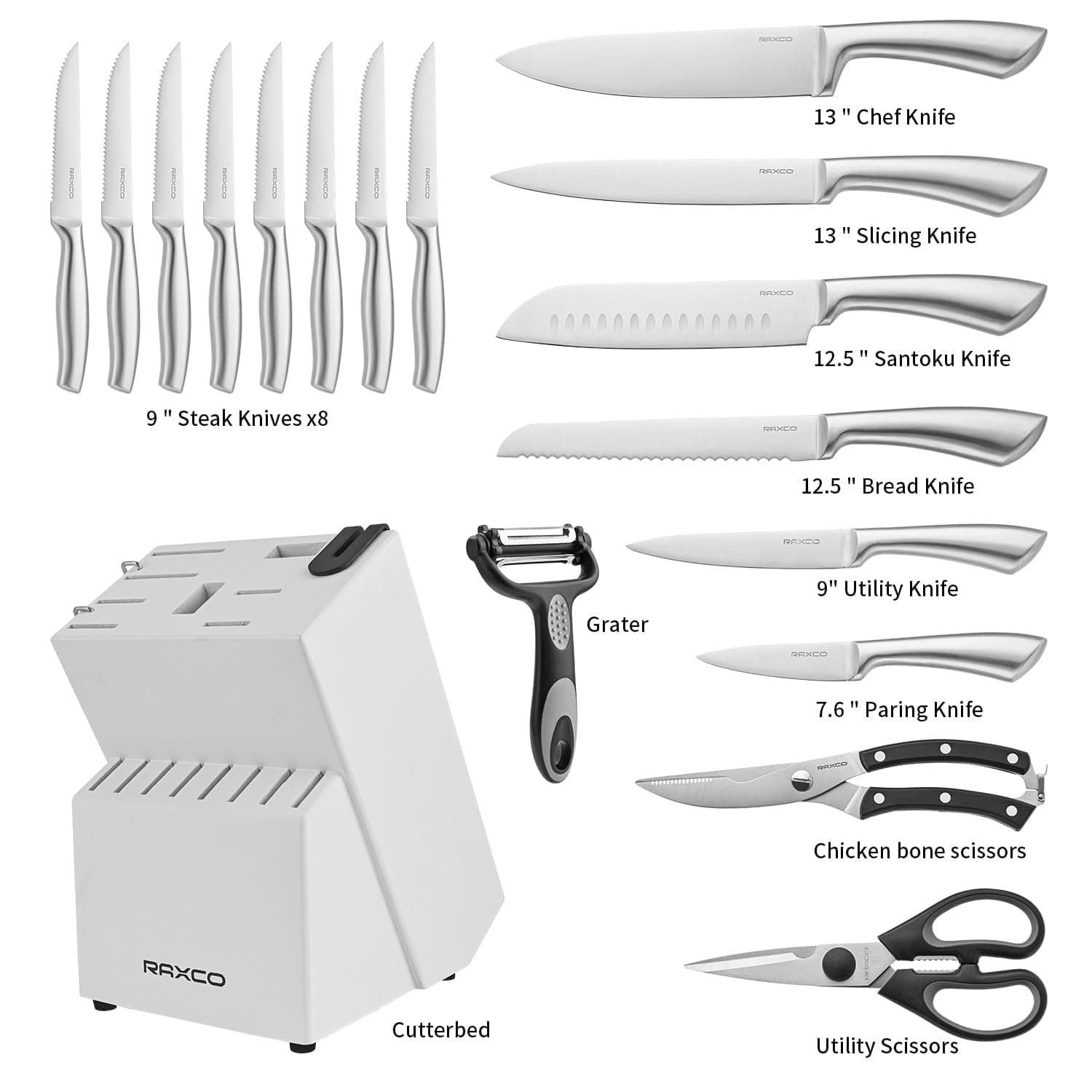 RAXCO 19PCS Kitchen Knife Set with Block & Sharpener, 6 Chef Knives & 8 Steak Knives for Home Restaurant (White) thumbnail 2