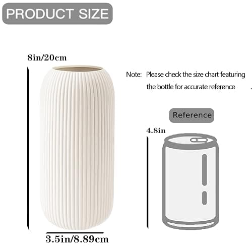 Ceramic Vase for Flowers – Modern Small Ribbed Textured Flower Vase for Home Decor, Pampas Grass, Decorative, Farmhouse, Coffee Table, Kitchen Centerpieces, Bookshelf and Home Living (White) thumbnail 3