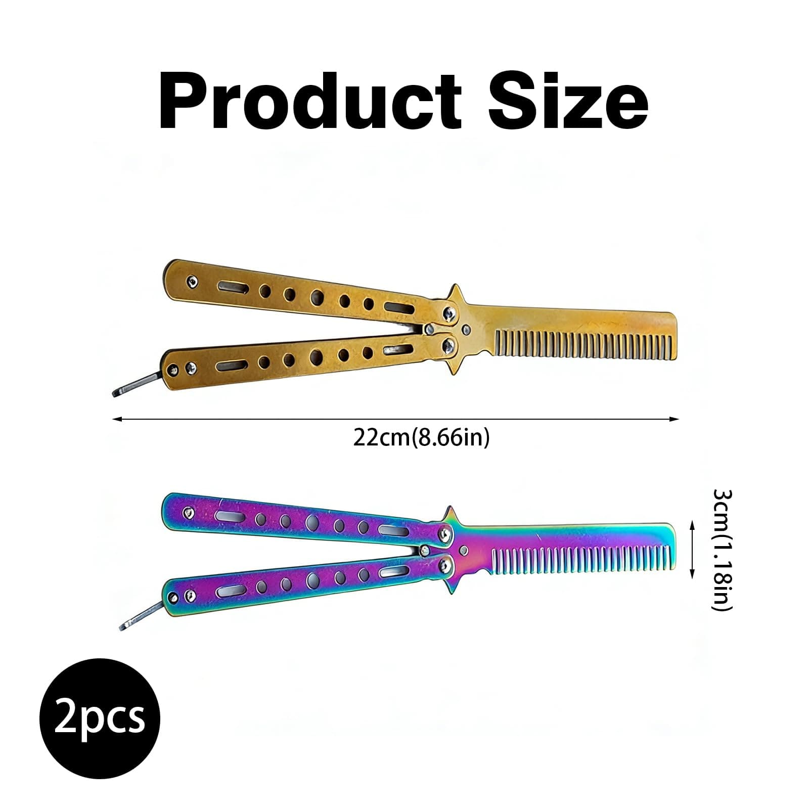 2 pcs Stainless Steel Practice Butterfly Knife and Comb Trainer for Beginners - Portable, Multifunctional Tools for Butterfly Comb Enthusiasts - Safe and Durable Training Set (Colorful,Gold） thumbnail 2