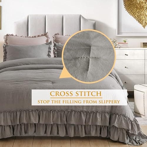 Masaca Grey Shabby Comforter Set Queen,Farmhouse Rustic Microfiber Bedding Ruffled Comforter Set,Vintage Gray Ruffle Comforter for Queen Bed Fluffy Aesthetic Bedding 3 Pieces thumbnail 5
