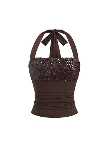 Verdusa Women's Sequin Sparkly Crop Tops Tie Backless Halter Top Rave Outfits - Image 1