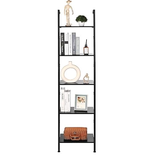 ELYKEN Ladder Shelf, 5-Tier Wood Wall Mounted Bookshelf with Metal Frame, Vintage Open Display Organizer Rack, Leaning Storage Shelves for Living Room, Bedroom, Home Office, Black - Black thumbnail 7
