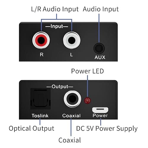 Analog to Digital Audio Converter, for RCA to Optical Coaxial with Toslink | R/L input, 3.5mm aux input, Coaxial /Toslink outputs, 8-96KHz Sampling Rate, Plug and Play thumbnail 7