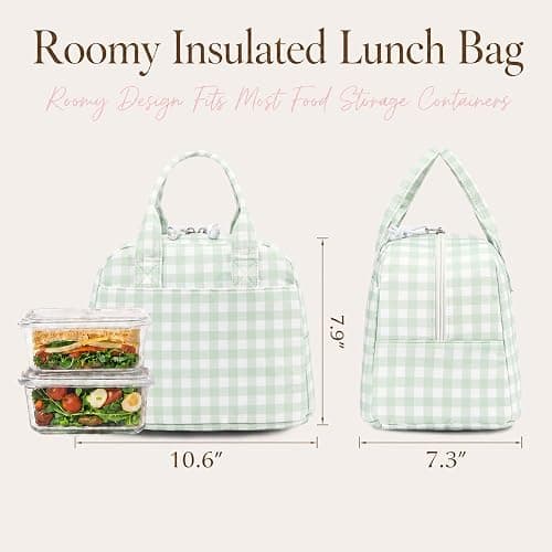 LOVELYWIND Lunch Box for Women, Insulated Lunch Bag, Green Gingham Lunch Tote thumbnail 3