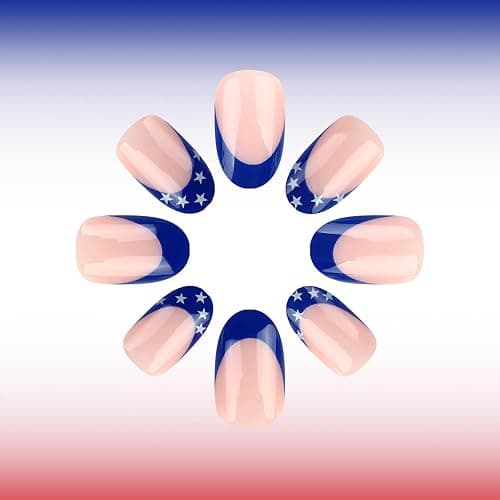 4th Of July French Tip Press On Nails Short Almond Fake Nails Independence Day False Nails Press Ons With Star Design Nude Stick On Nails Full Cover Glue On Nail For Women Nail Supplies 24pcs thumbnail 4